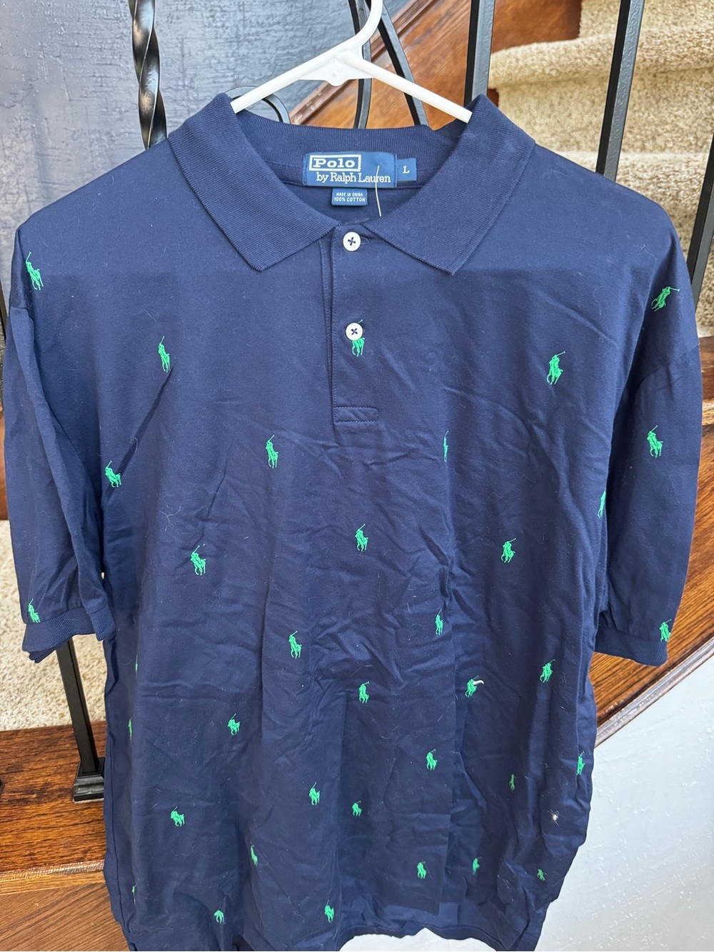 Large Polo by Ralph Lauren Men's Navy Polo Shirt with Green Pony Embroidery